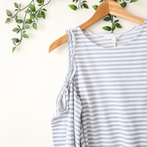 LC Lauren Conrad Blue & White Striped Long Sleeve Cold Shoulder Top S Small - Picture 3 of 4